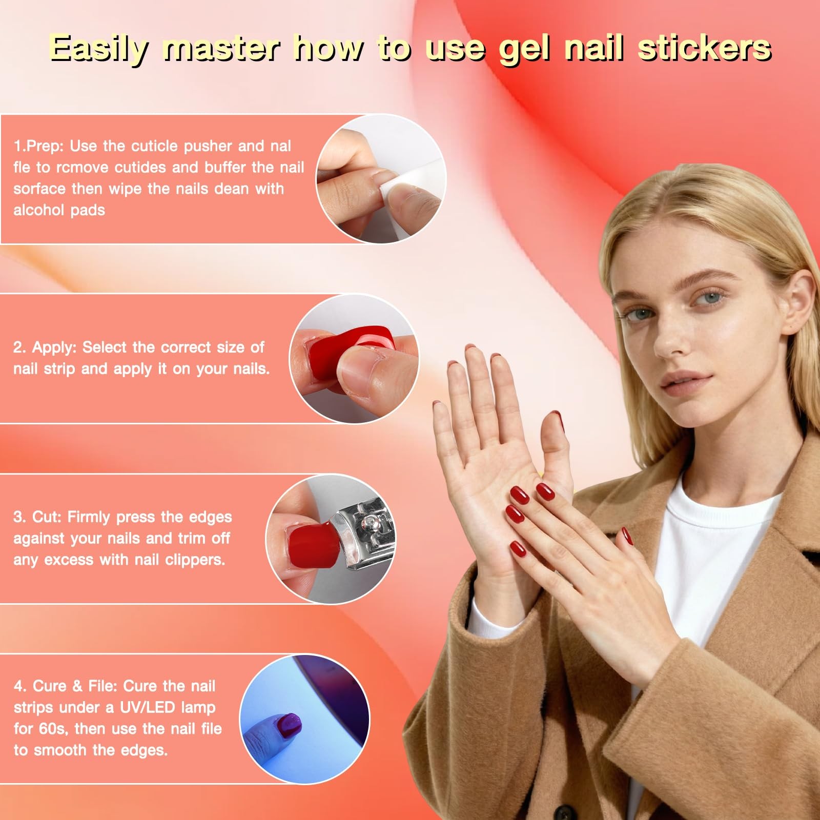 3pcs Semi Cured Gel Nail Strips Raspberry Red, UV Press On Gel Nail Stickers …