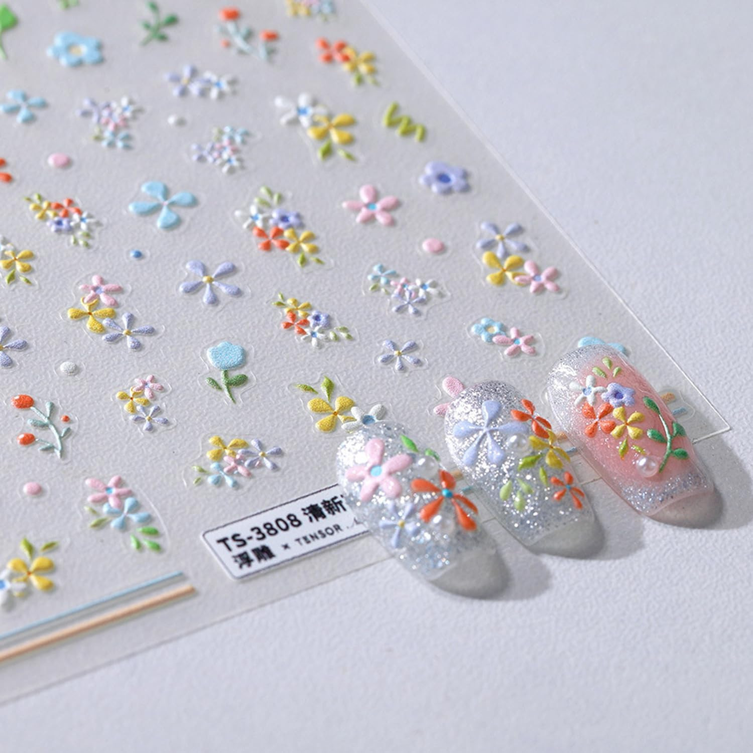 5D Embossed Flower Nail Stickers for Nail Art Summer Floral Leaf Nail Art Sticke