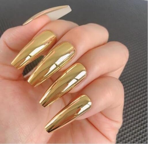 Metal Coffin Fake Nails Extra Long Gold Yellow Chrome Reflective False Press