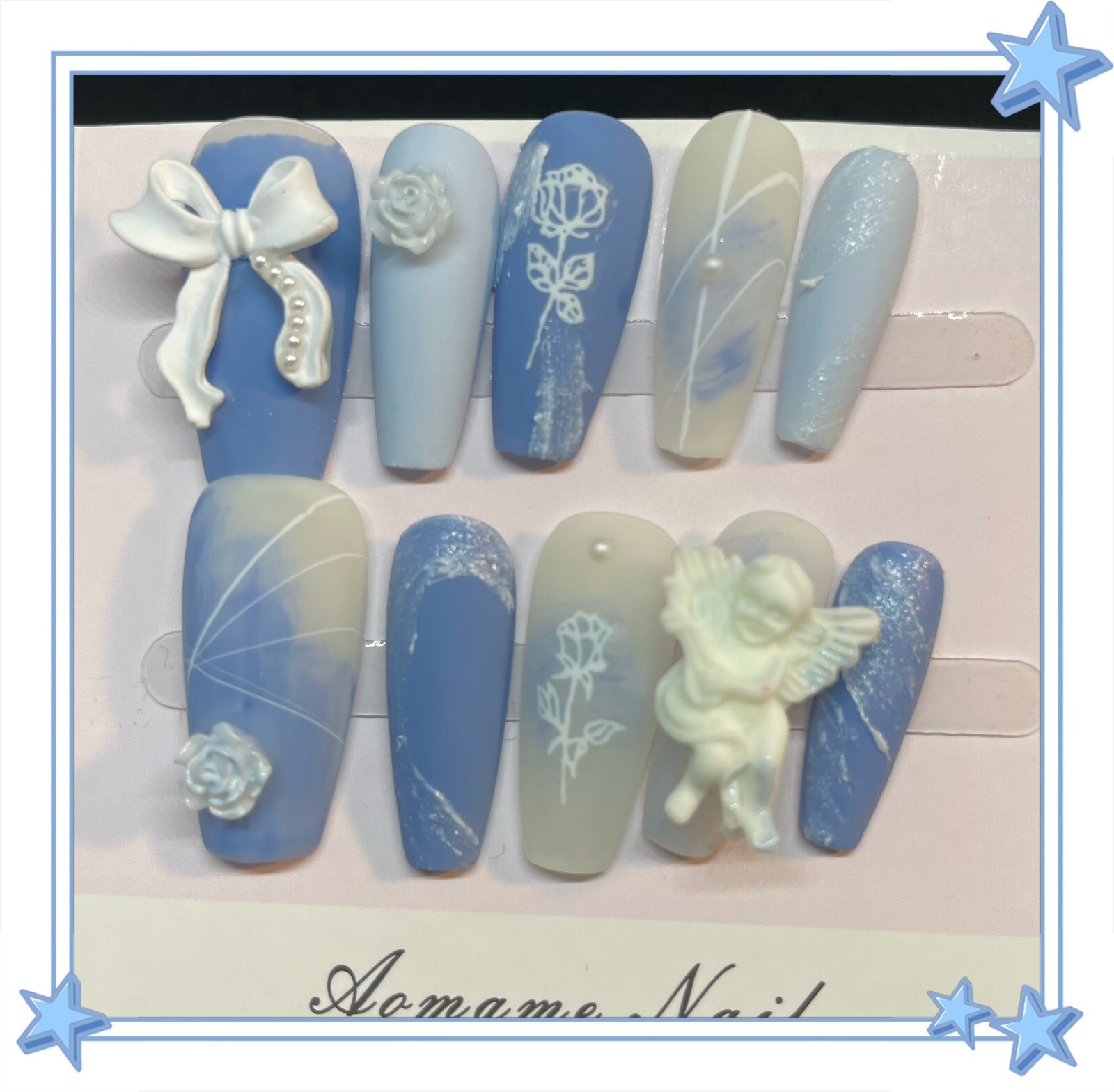 5D Blue Angel butterfly Nail, Cute long Square Nail, Handmade Press on Nail