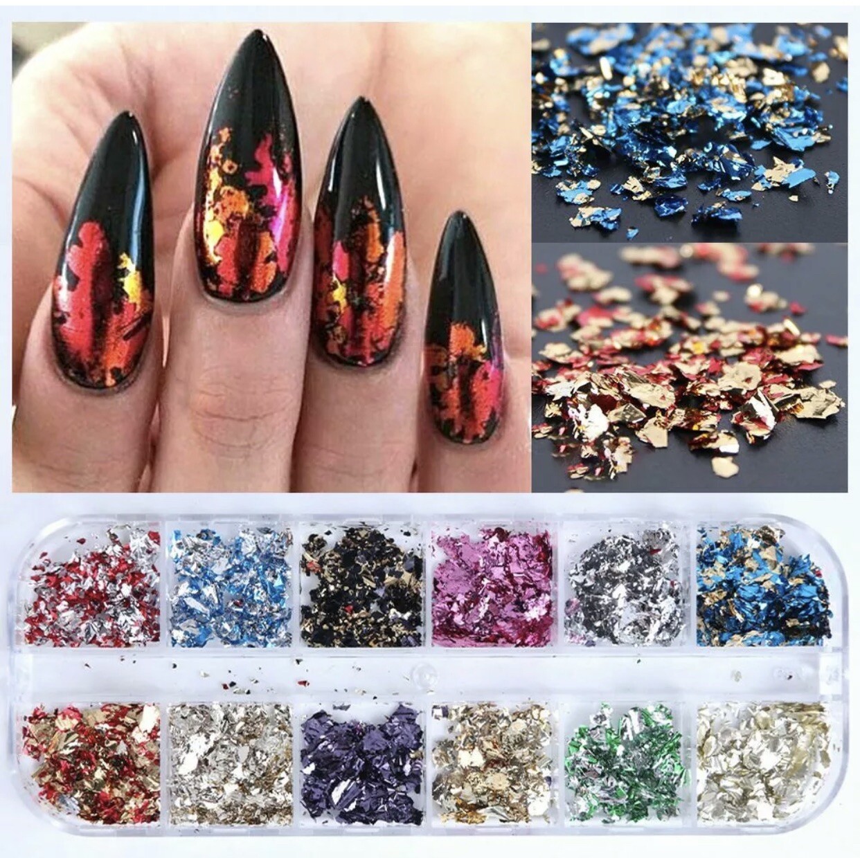 12 Grids Nail Foil Paper Aluminum Flakes Nail Art Sticker 3D Nail Decorative