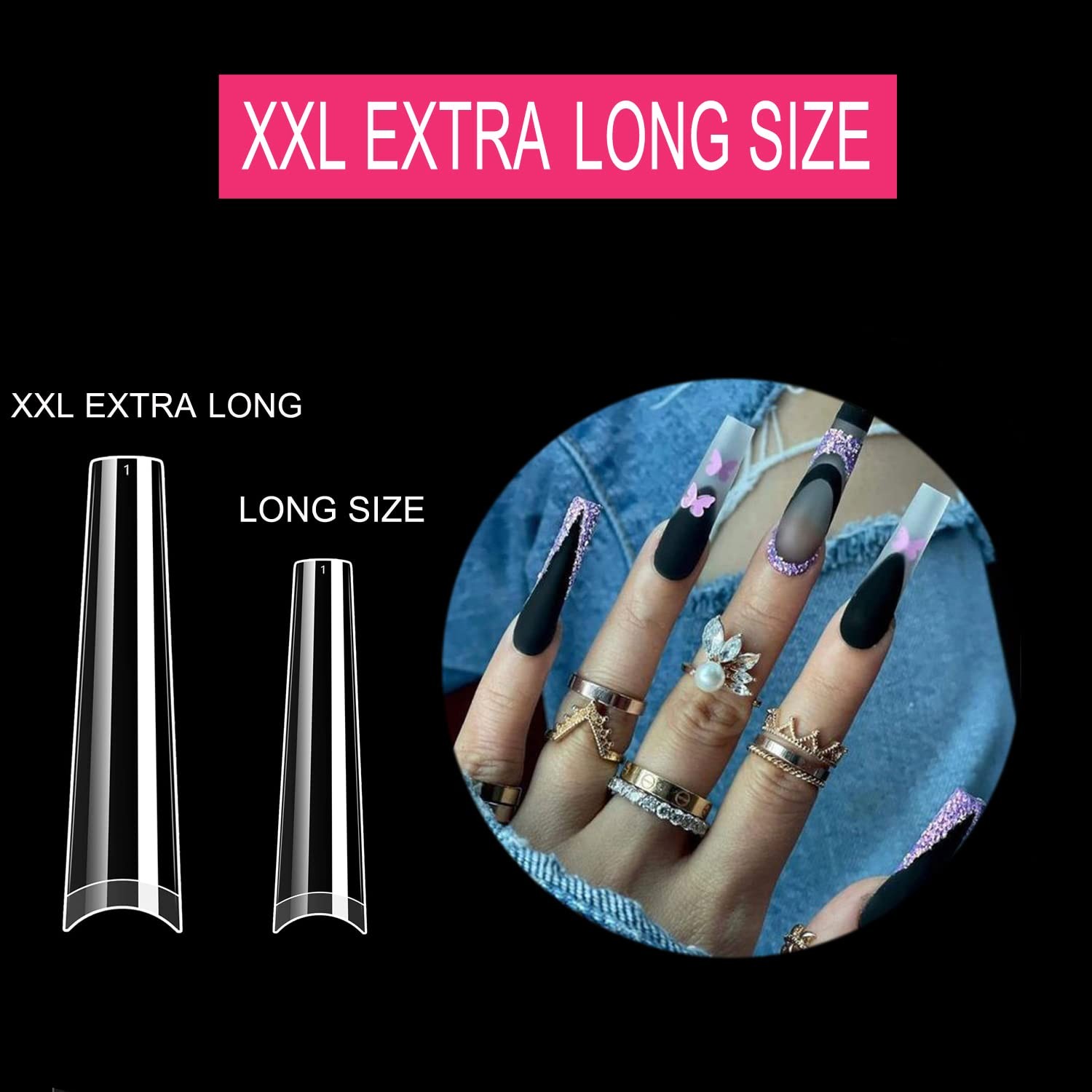 500Pcs XXL No C Curve Coffin Tips for Acrylic 500 Piece Assortment, Clear
