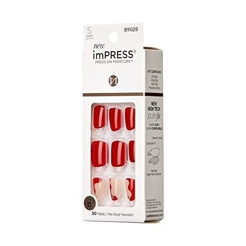 KISS imPRESS No Glue Mani Press On Nails, Design, ‘Adore You’, Red, Short…