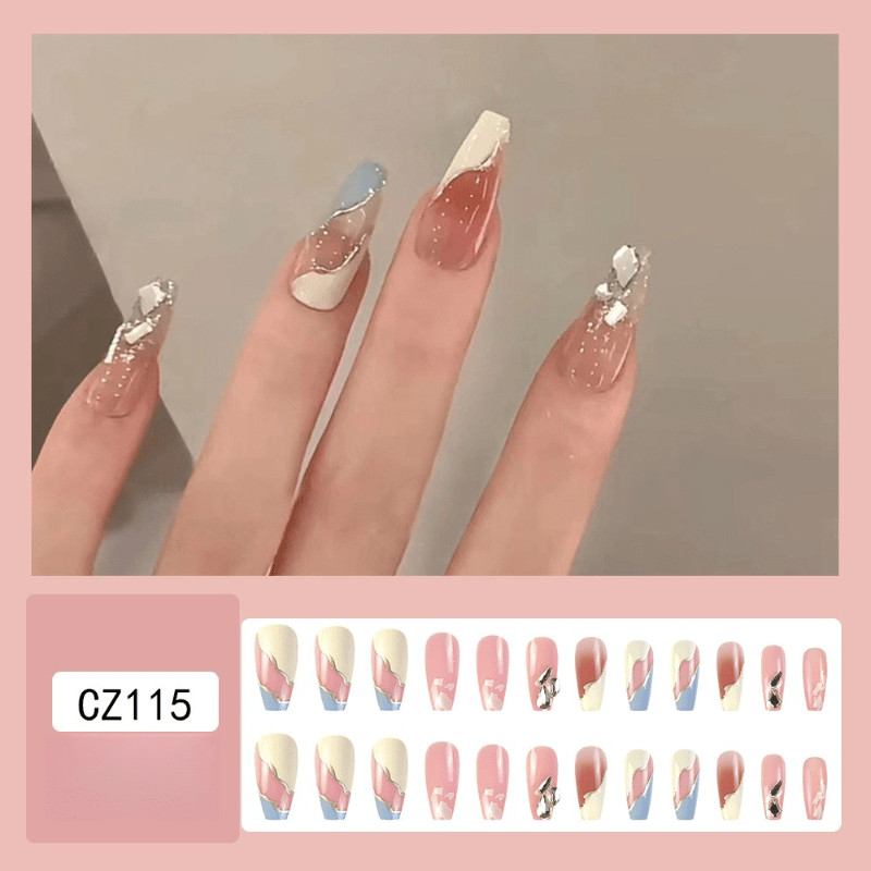 48 Pcs Nude White Blue Press on Nails, Medium Coffin Silver Accent False Nails
