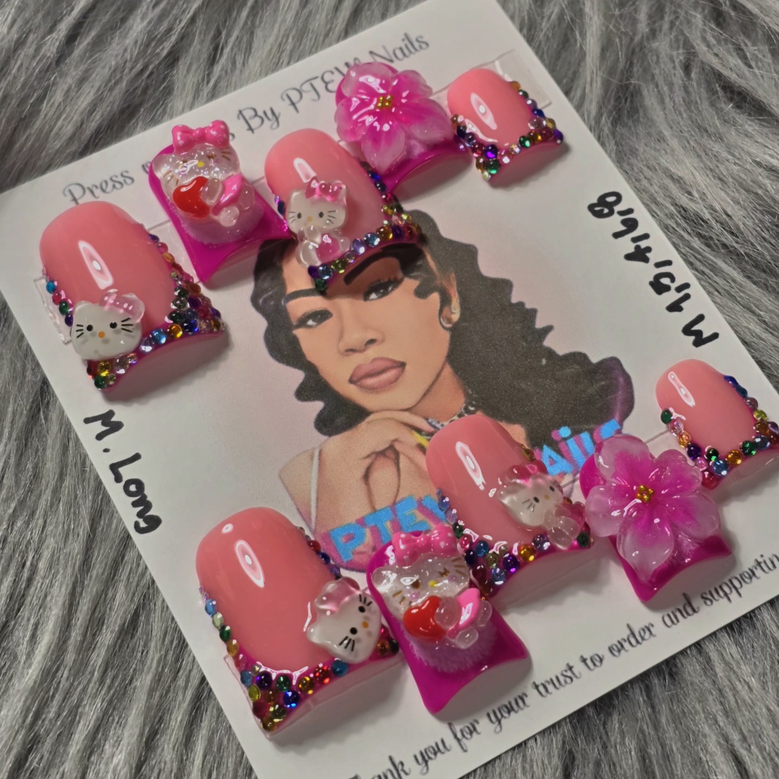 Handmade Press On Nails,LuxuryKitty Pink,Medium Size 1,5,4,6,8 M.Long Duck Shape