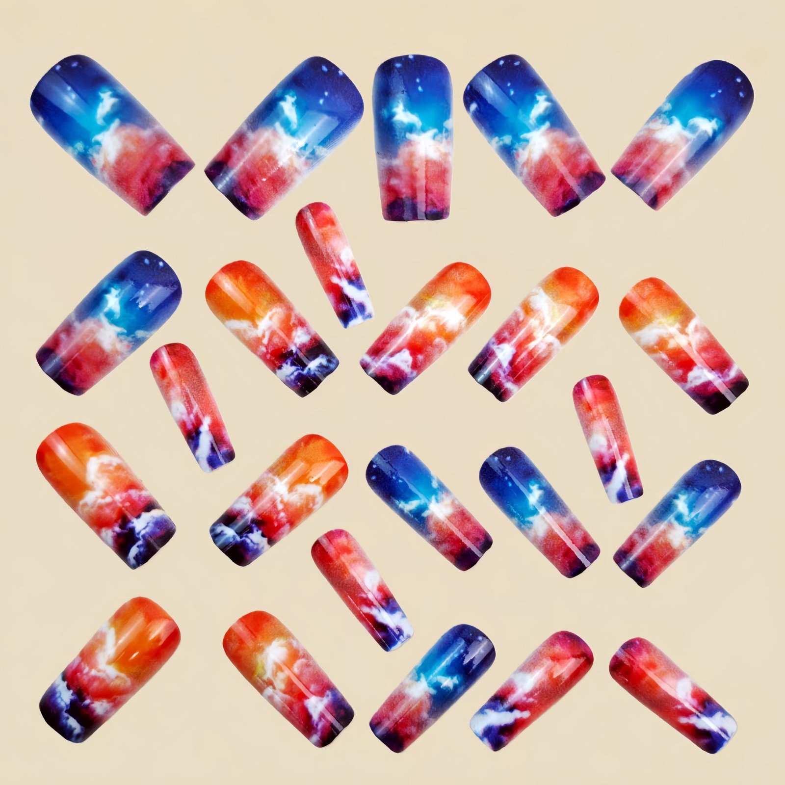 48Pcs Sunset Cloud Press on Nails Gradient Glitter Glossy Trendy Fake Nails