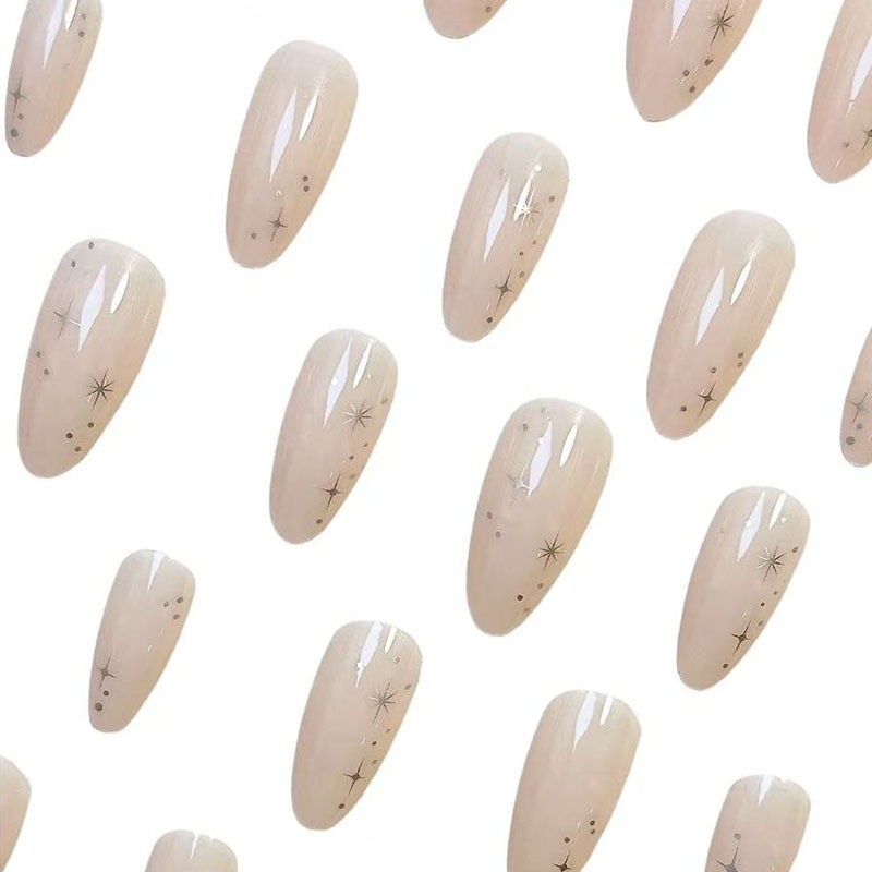 48PCS Long Almond Nail Press, Reusable Bare Pink, Sparkling Fake Nails