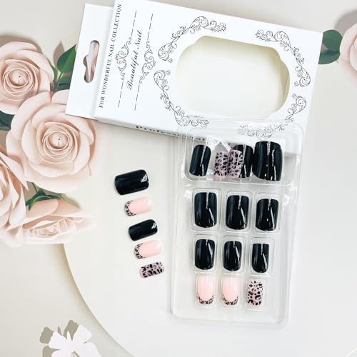 Leopard Print Press on Nails French Tip False Nails Black Solid Animal Print