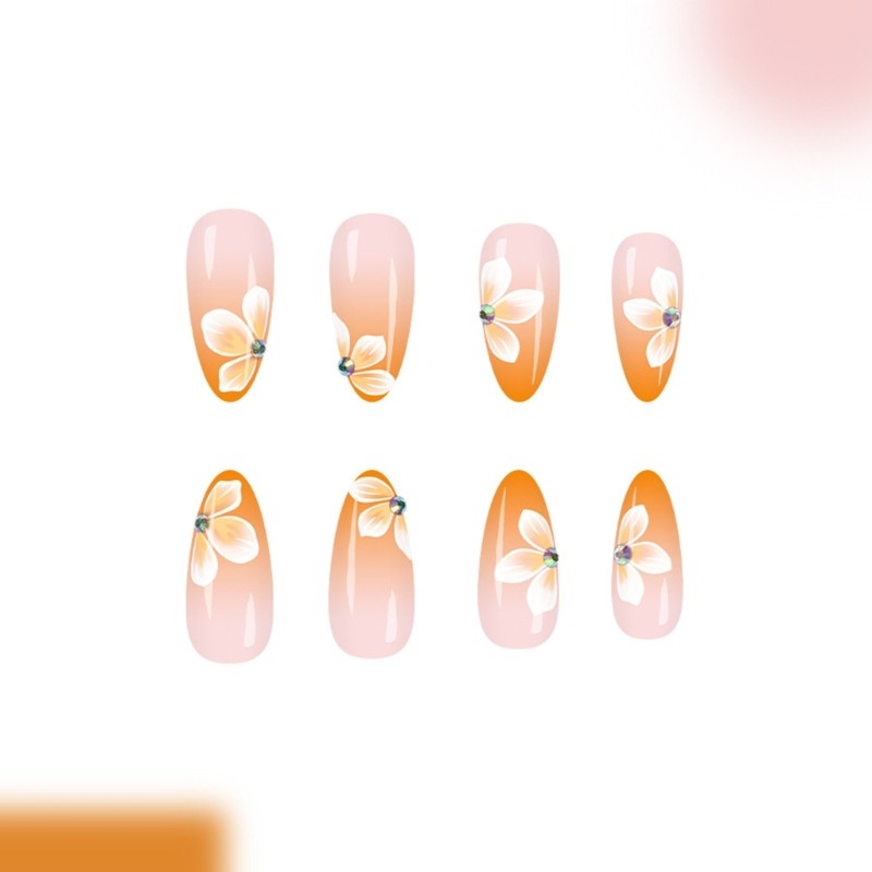 24Pieces Middle Length Glossy Press On Nail Gradient Yellow French Tip Floral