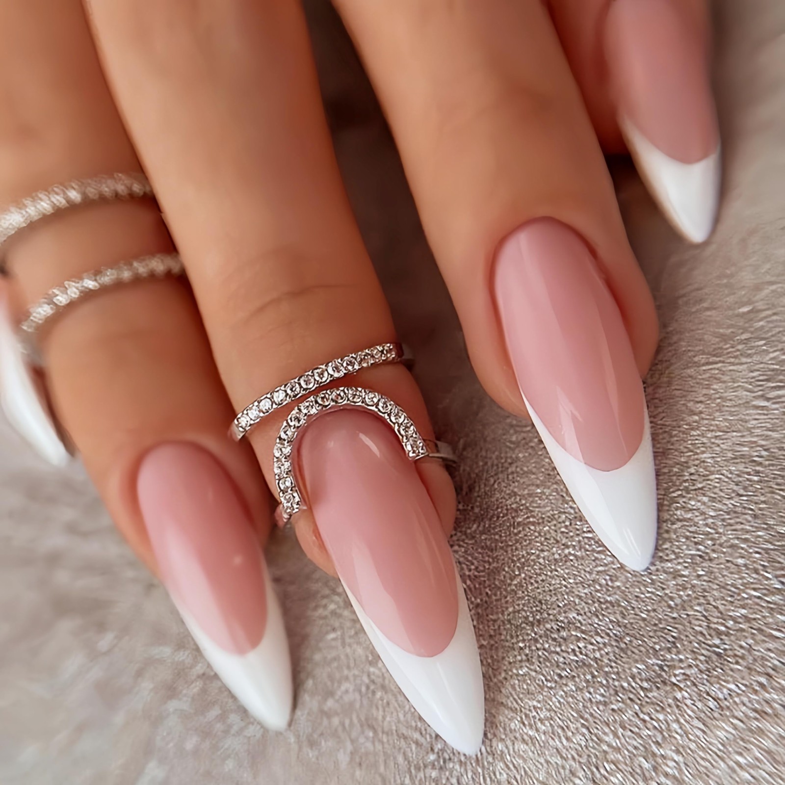White French Tip Press on Nails Long Stiletto Fake Nails Nude Pink Nails Pres…
