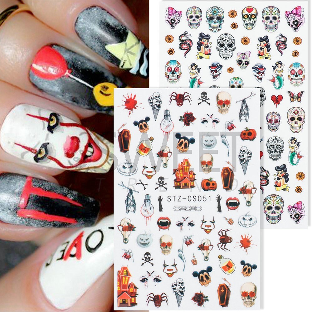 5 Sheets Halloween Skull Ghost Nail Art Stickers Clown Blood Scars Lips Decals