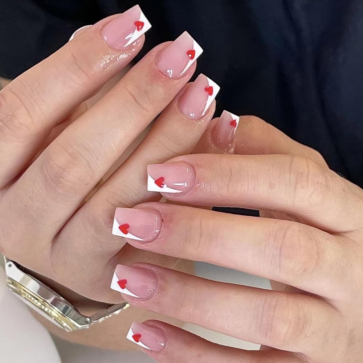 Valentine’s Day Fake Nails Heart Press on Nails French Tip Glue on Nails Shor…