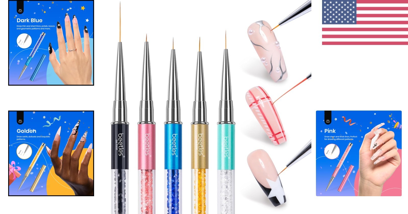 Nail Art Liner Brushes Set 5Pcs for Drawing and Design with Rhinestone Handle