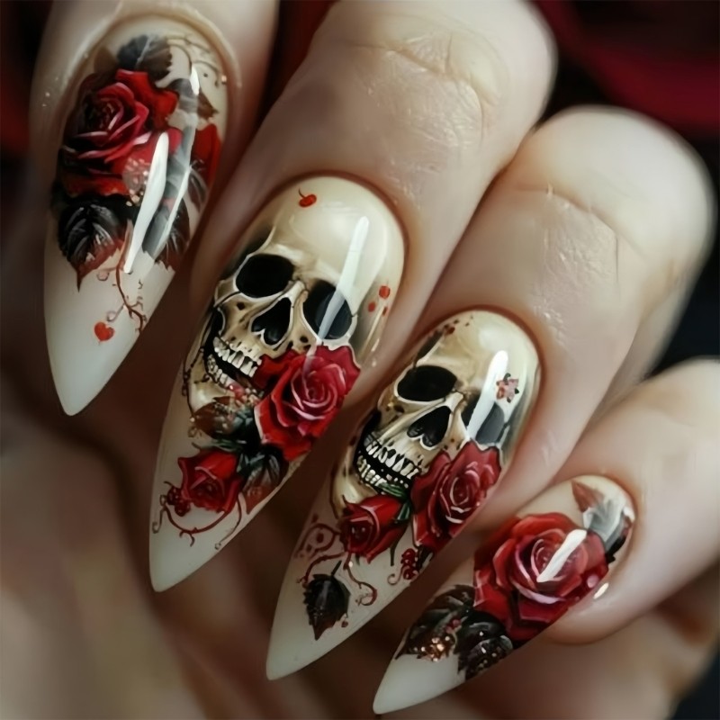 24pcs/set Halloween Fake Nail Almond Shaped ABS Fake Nail Rose Skull Design