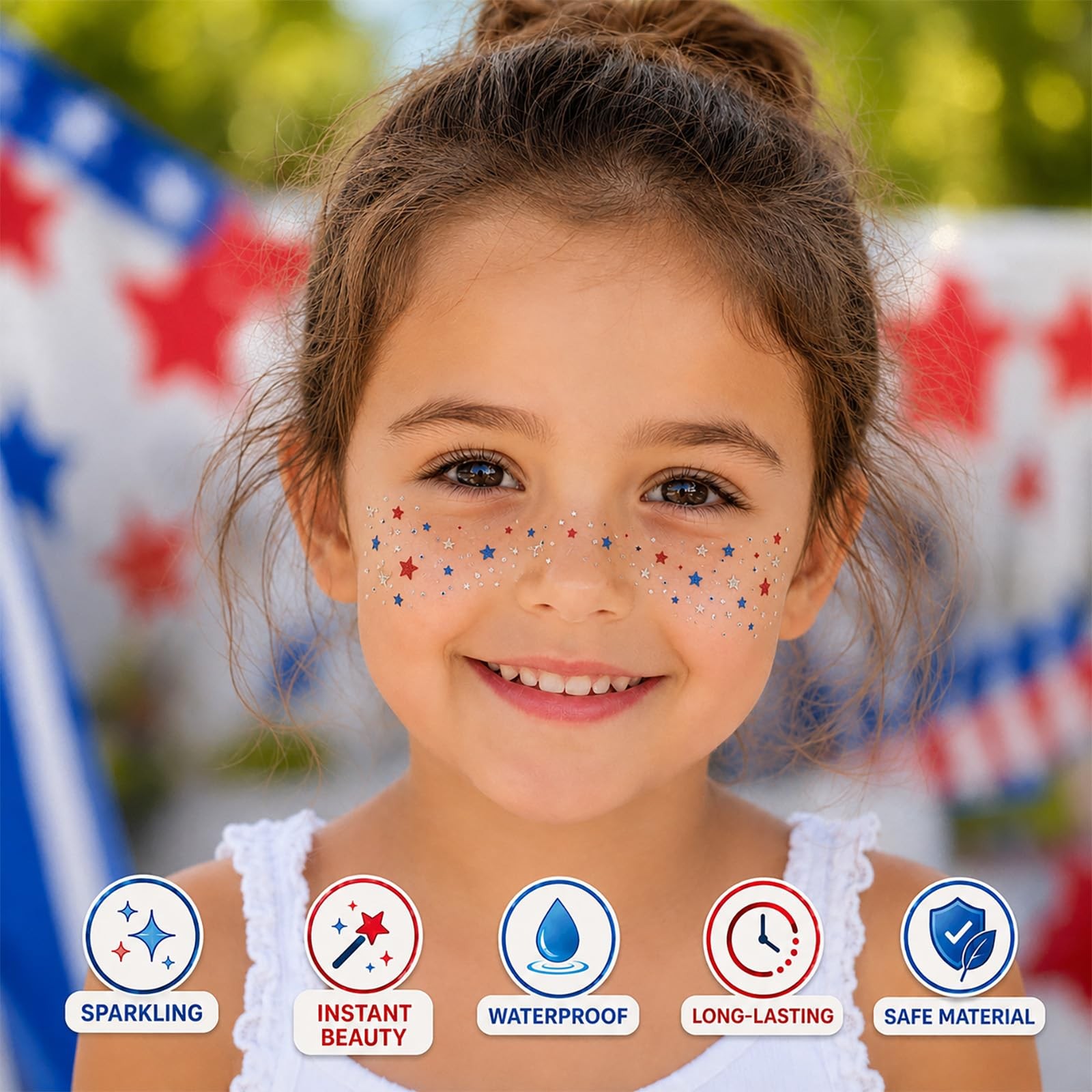 8 Pcs Red White Blue Star Freckle Stickers with Silver Glitter Powder for Face,