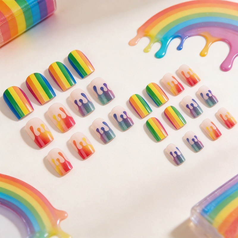 48pcs-Rainbow Drip Press on Nails, Short Square Gradient Pride Fake Nails