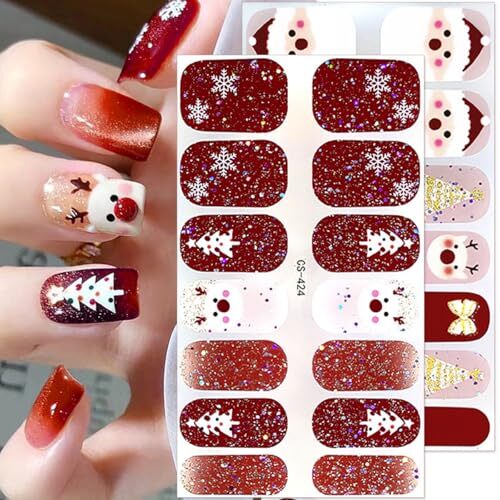 Christmas Gel Nail Stickers Glitter Snowflakes Nail Christmas Full Nail Wraps-4