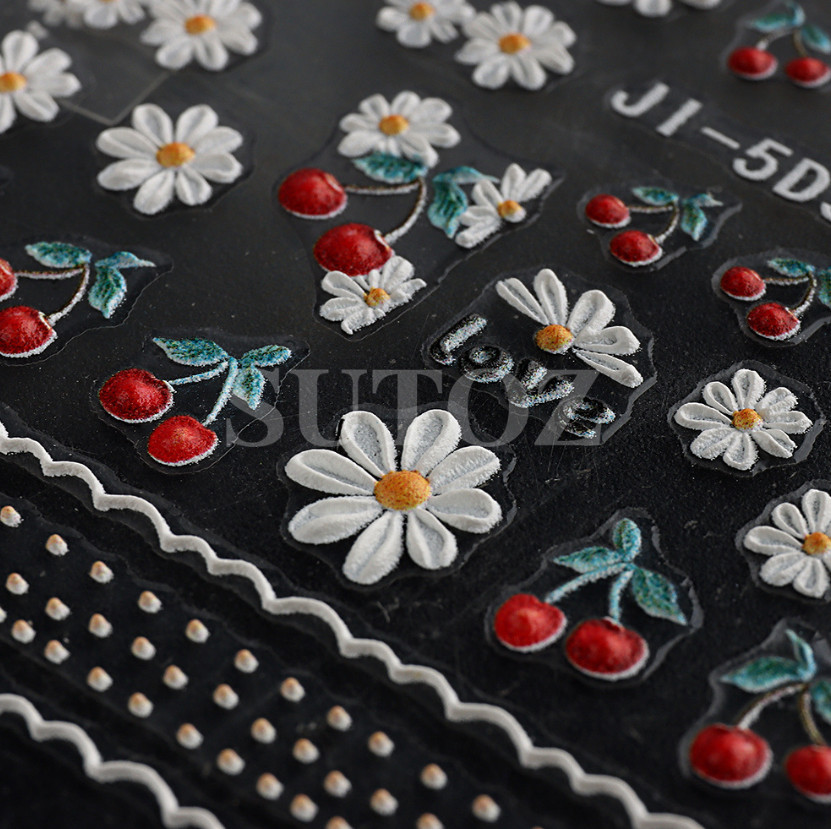5D Embossed White Red Daisy Flower Cherry Love Nail Stickers Manicure JI-5D37