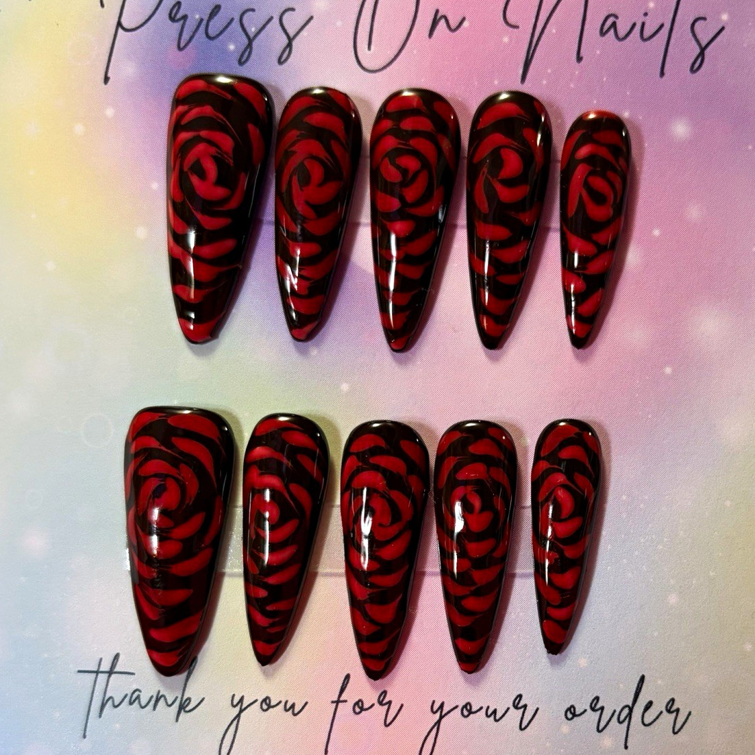 Red/Black Rose Shiny Coffin Press-On Nails Set, Long, Pre-Designed medium