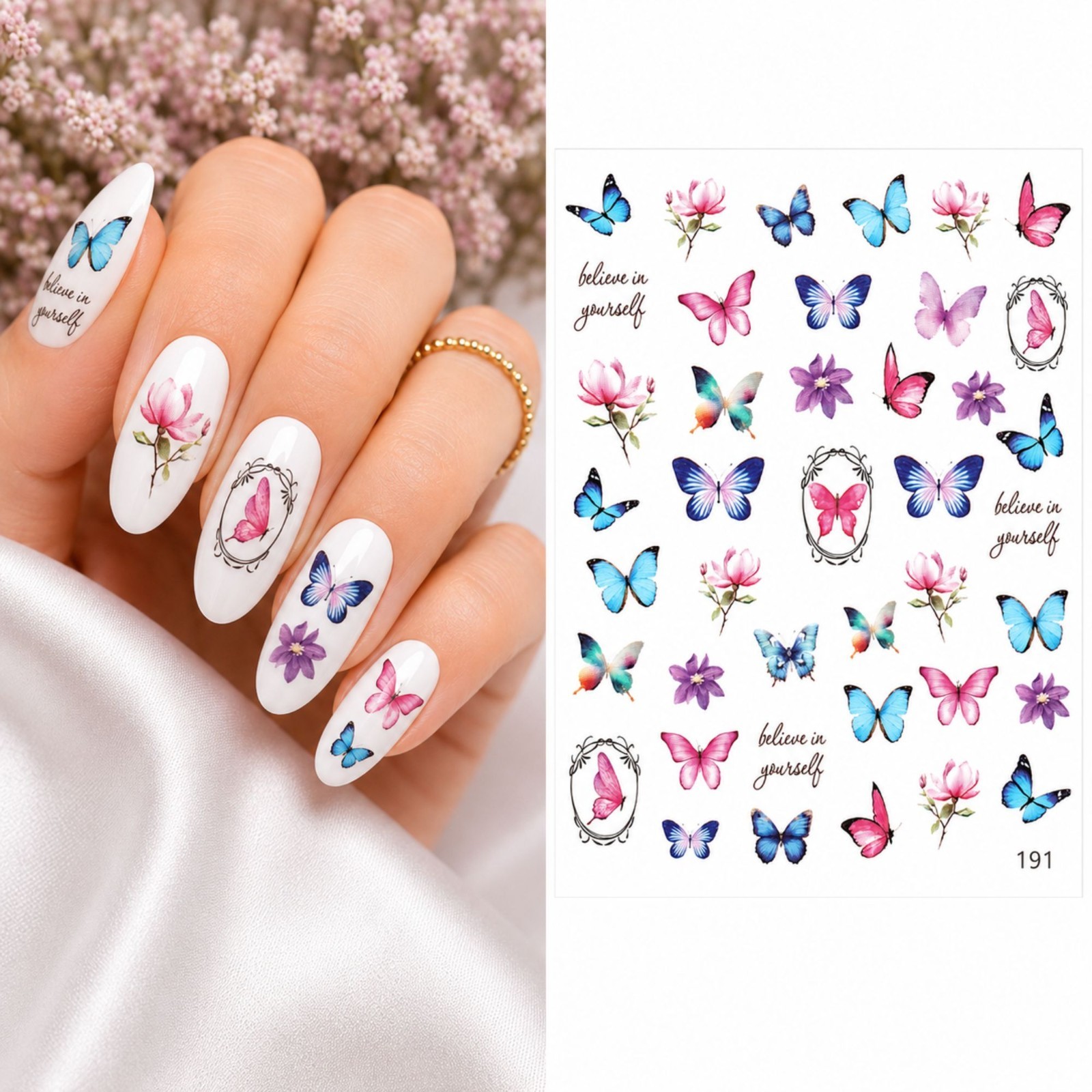 Butterfly Water Transfer Nail Stickers Magnolia Flower Art Decals Manicure Gift