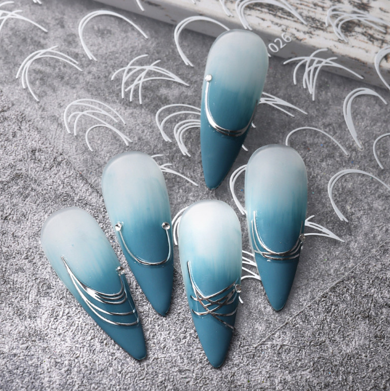 2Pcs Decoration 3D Silver White French Stripe Curve Line Tips Nail Stickers NH27