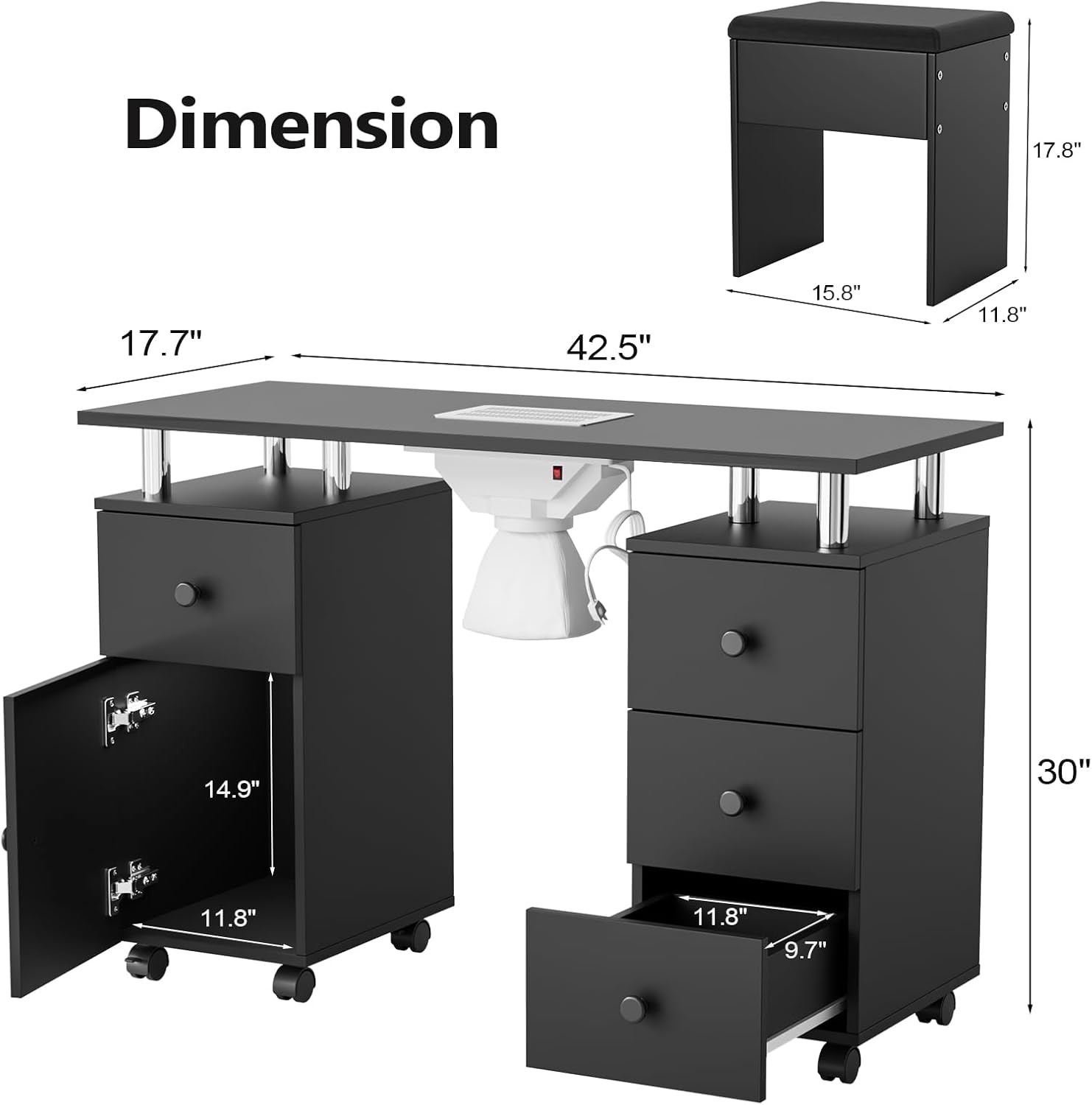 New Nail Tech Desk with Stool, Integrated Dust Collector for Makeup Beauty Salon