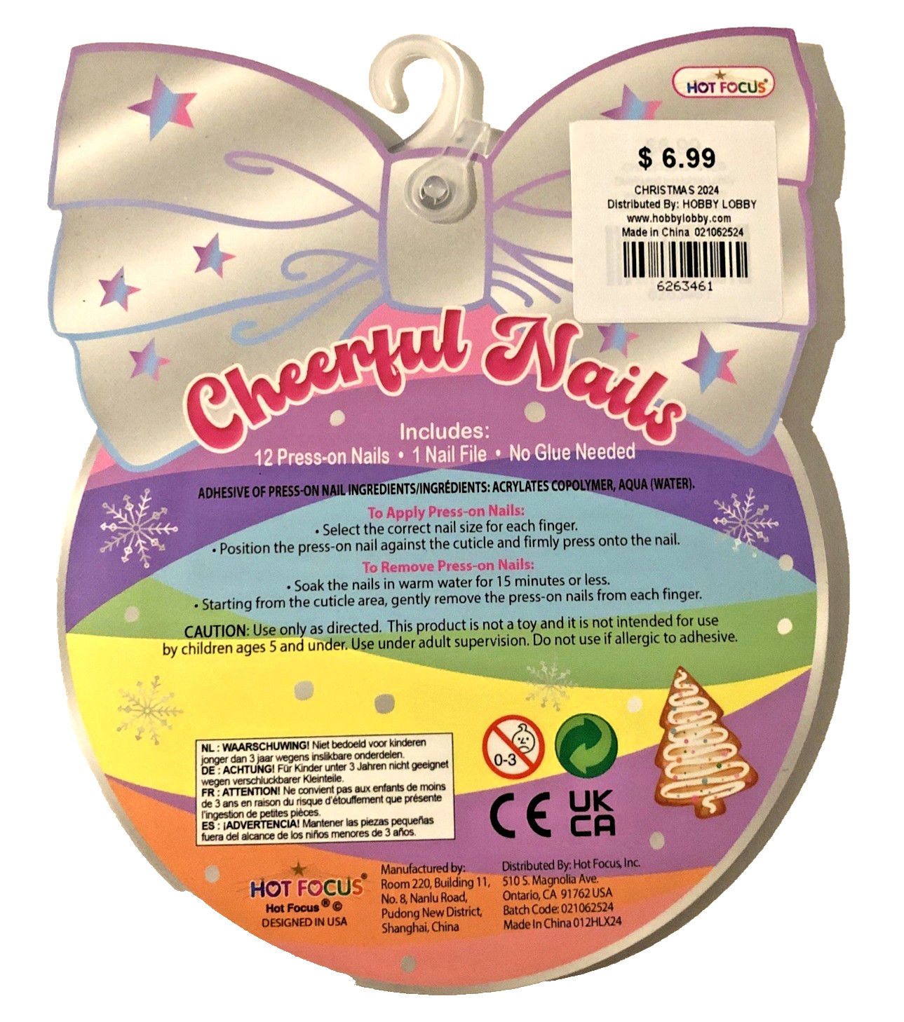 Hot Focus Girls Christmas Holiday Themed Press-On Nails 12-Count No Glue Needed