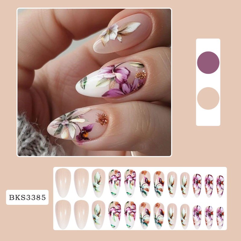 48PCS Oval Nude Transparent Purple Orchid Gold Reusable Fake Nail Art