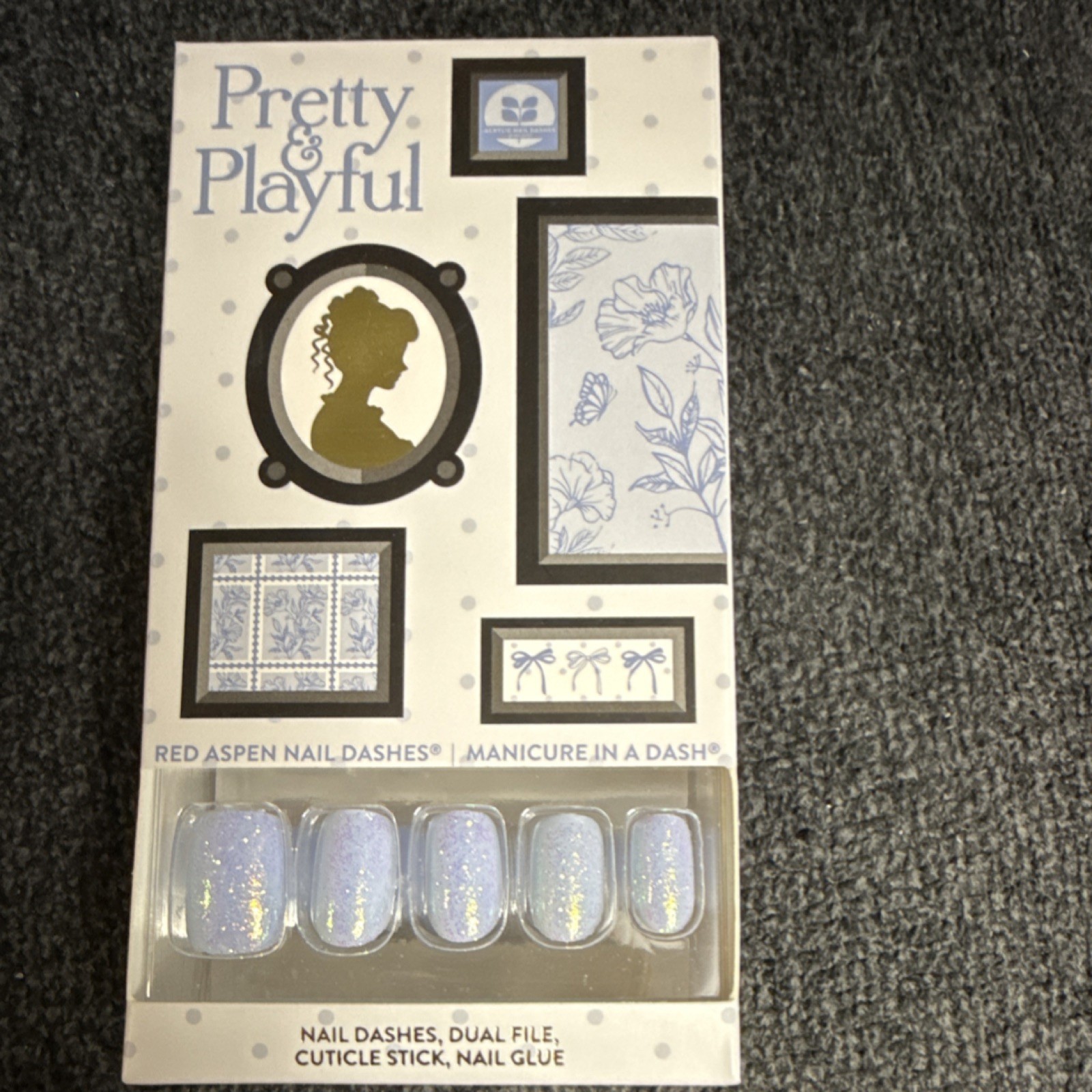 Pretty & Playful Red Aspen Nail Dashes Press-On Nails Blue Glitter, Glue
