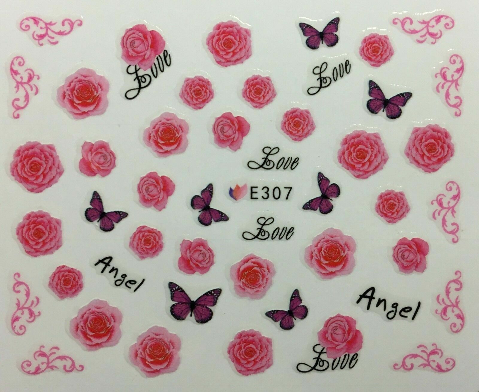 Nail Art 3D Decal Stickers Pink Roses & Butterflies Love Angel Valentine’s E307