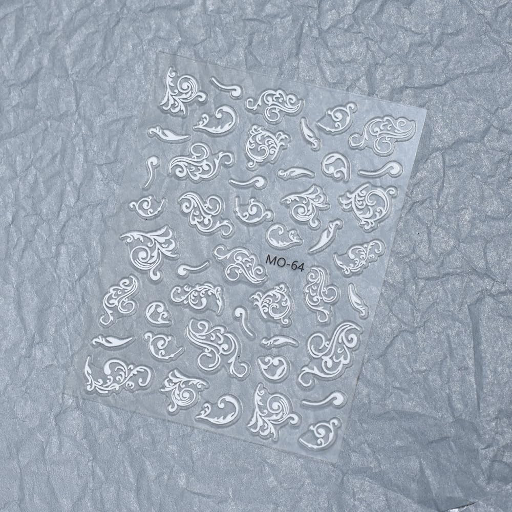6 Sheets 5D Lace Flower Nail Stickers White Embossed Nail Art Decals DIY