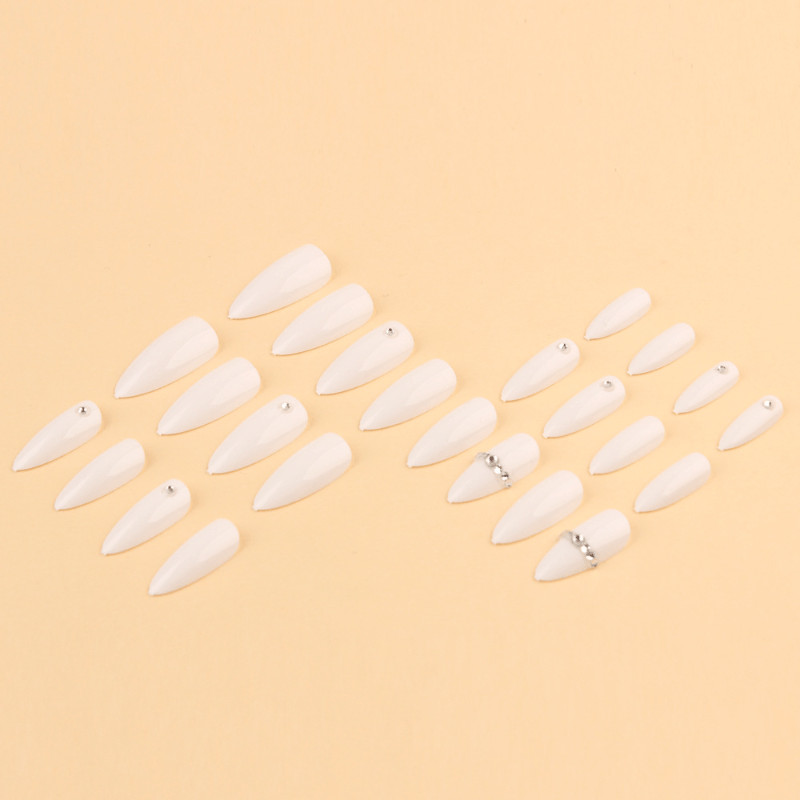 48pcs Almond Press on Nails, Milky White Chain Rhinestone Minimal Gloss Nails