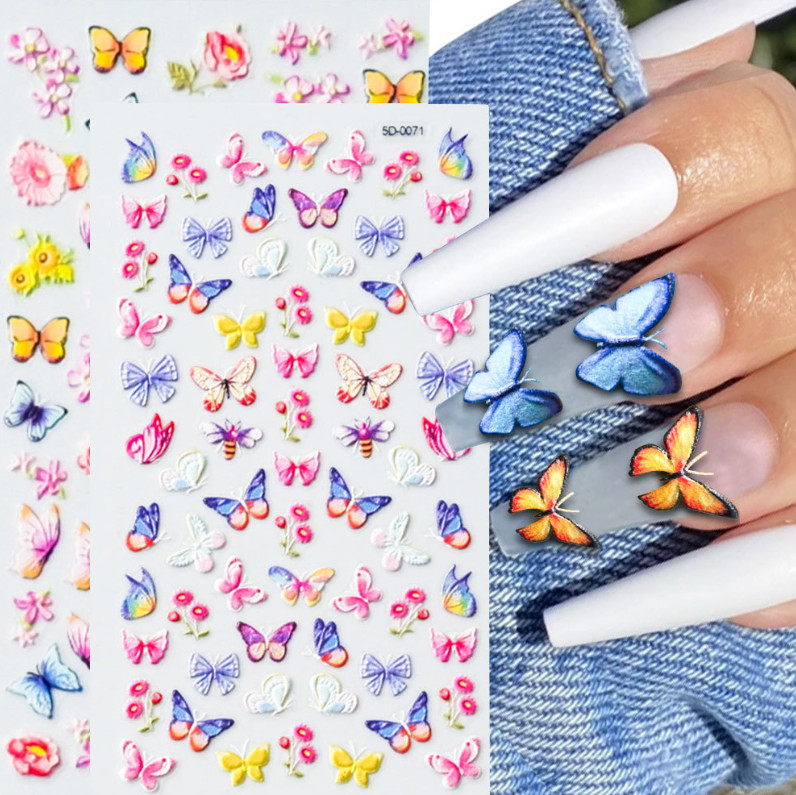 5D Embossed Nail Art Stickers Colorful Butterfly Flower Self Decal Decor NH26