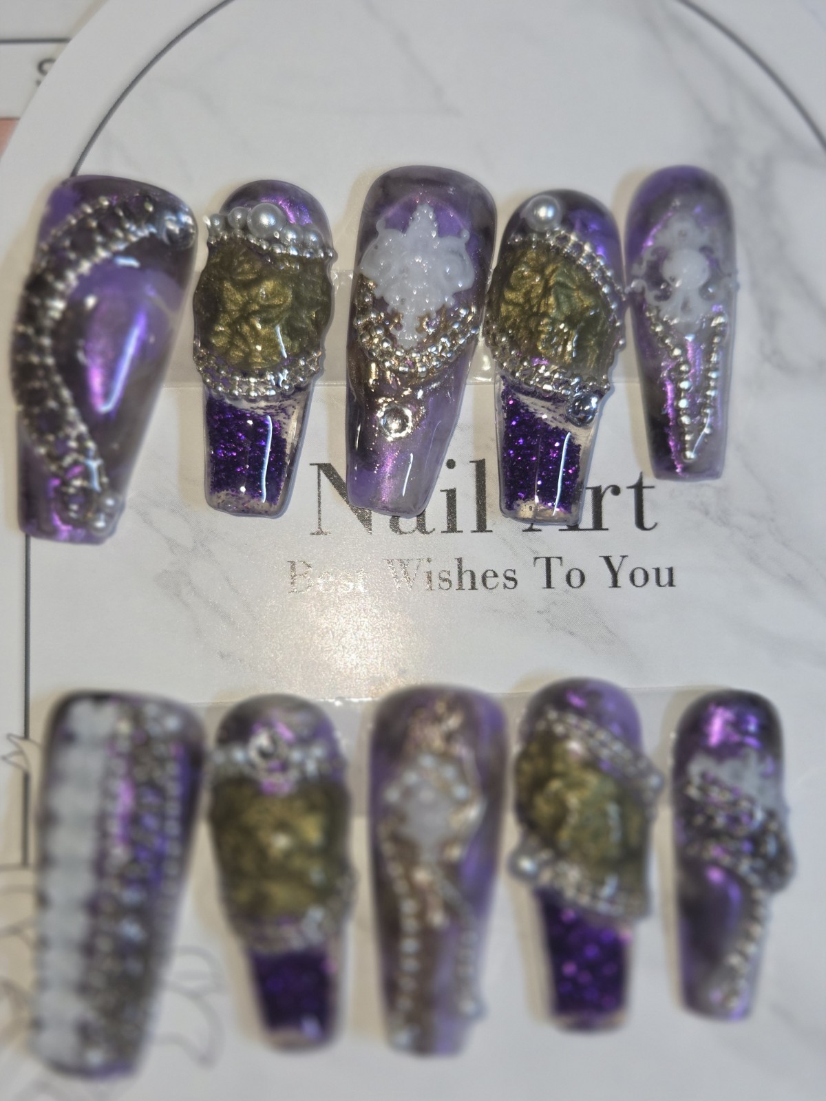 Press On Nails Handmade Medium Coffin Bundle Of 3 Purple blue Aqua water nail