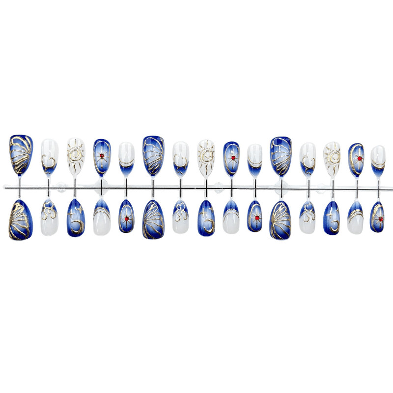 60pcs Almond Press on Nails,Blue White Ombre Gold Line Sun Moon Rhinestone Nails