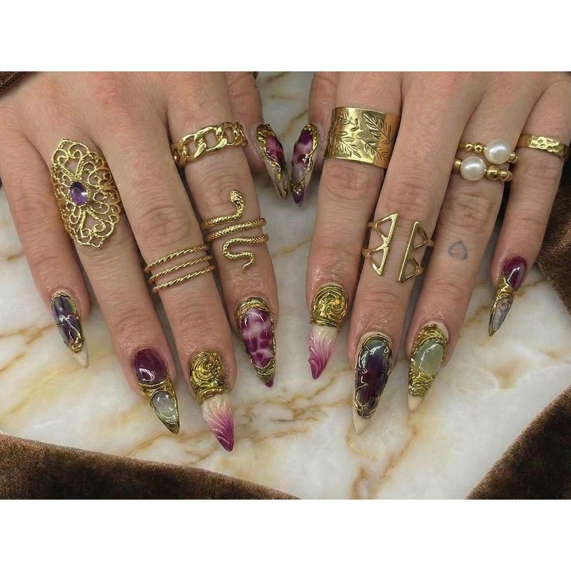 Cat Eye Jade Handmade Press on Nails Gold Metal Vintage Sheer Gloss Fake Nails