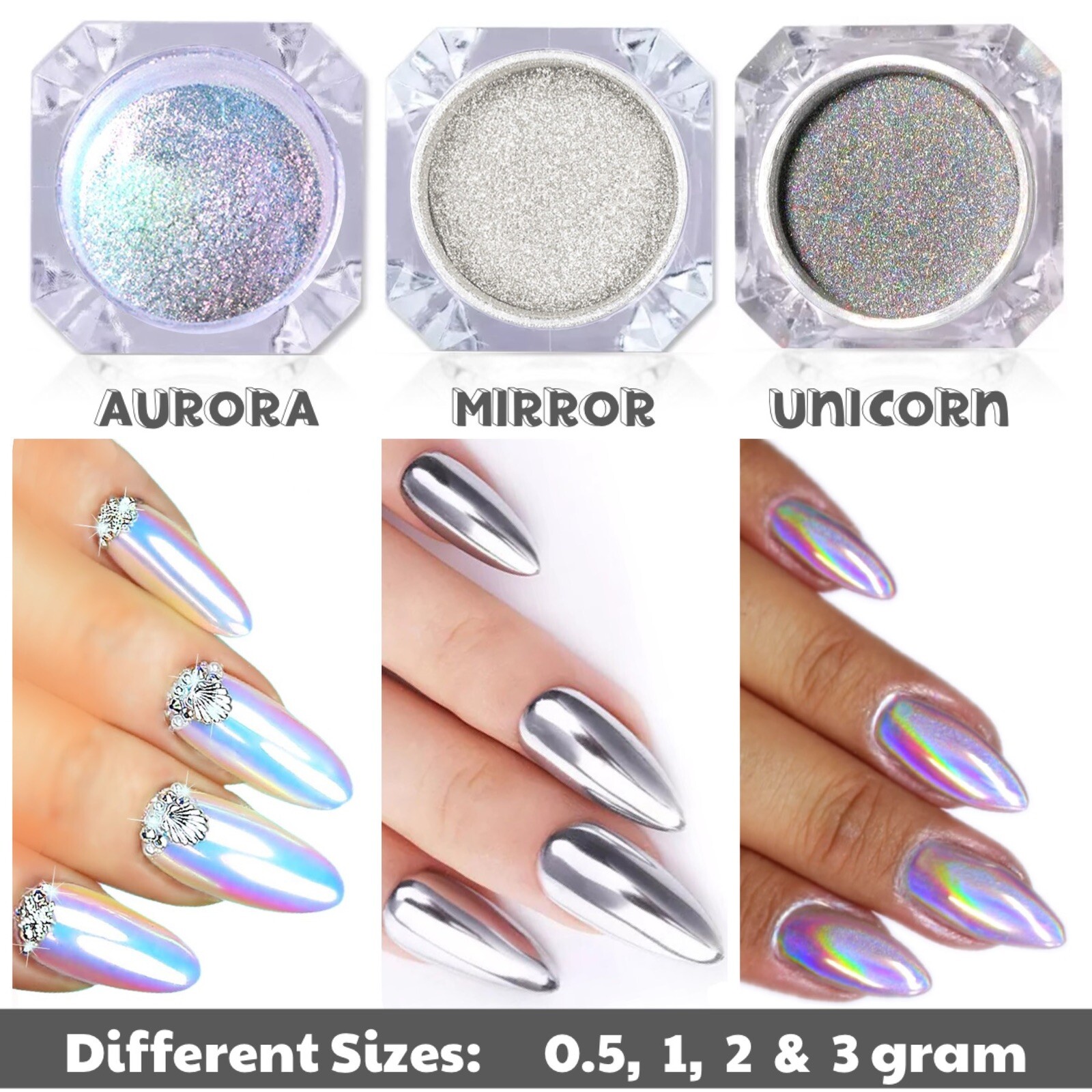 Unicorn Aurora Mirror Nail Chrome Powder Different Sizes Rainbow 1 2 & 3 gram UK