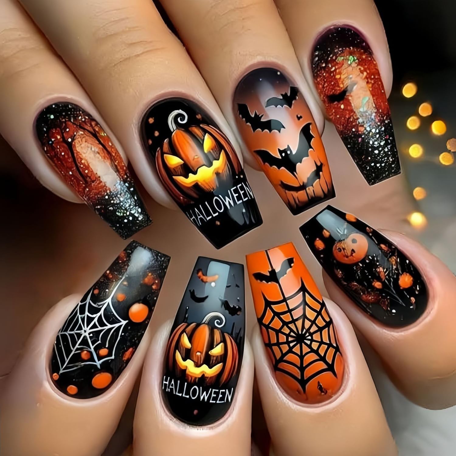 24Pcs Halloween Press on Nails Medium Square Fake Nails with Pumpkin Spider W…