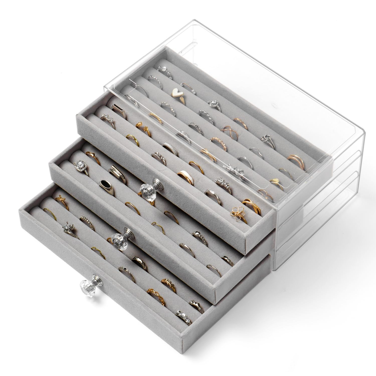 Ring Organizer Storage Box with 3 Drawers, Clear Acrylic 3-Layer Velvet Jewel…