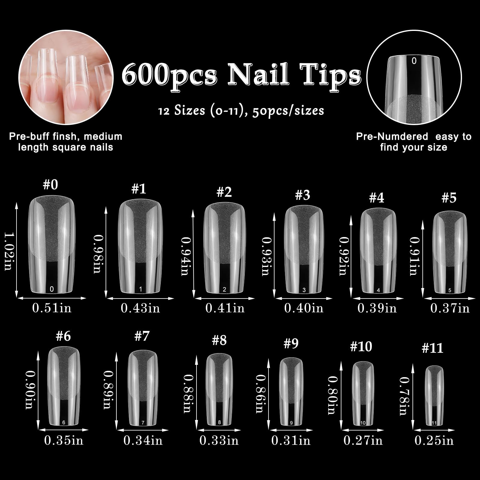 AddFavor 600pcs Square Nail Tips, Medium Gel Nail Tips Square Clear Fake Nail…