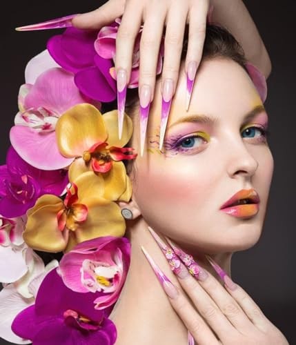 French Tip Press On Nails – Long Square Pink Acrylic False Nails with 5D Color1