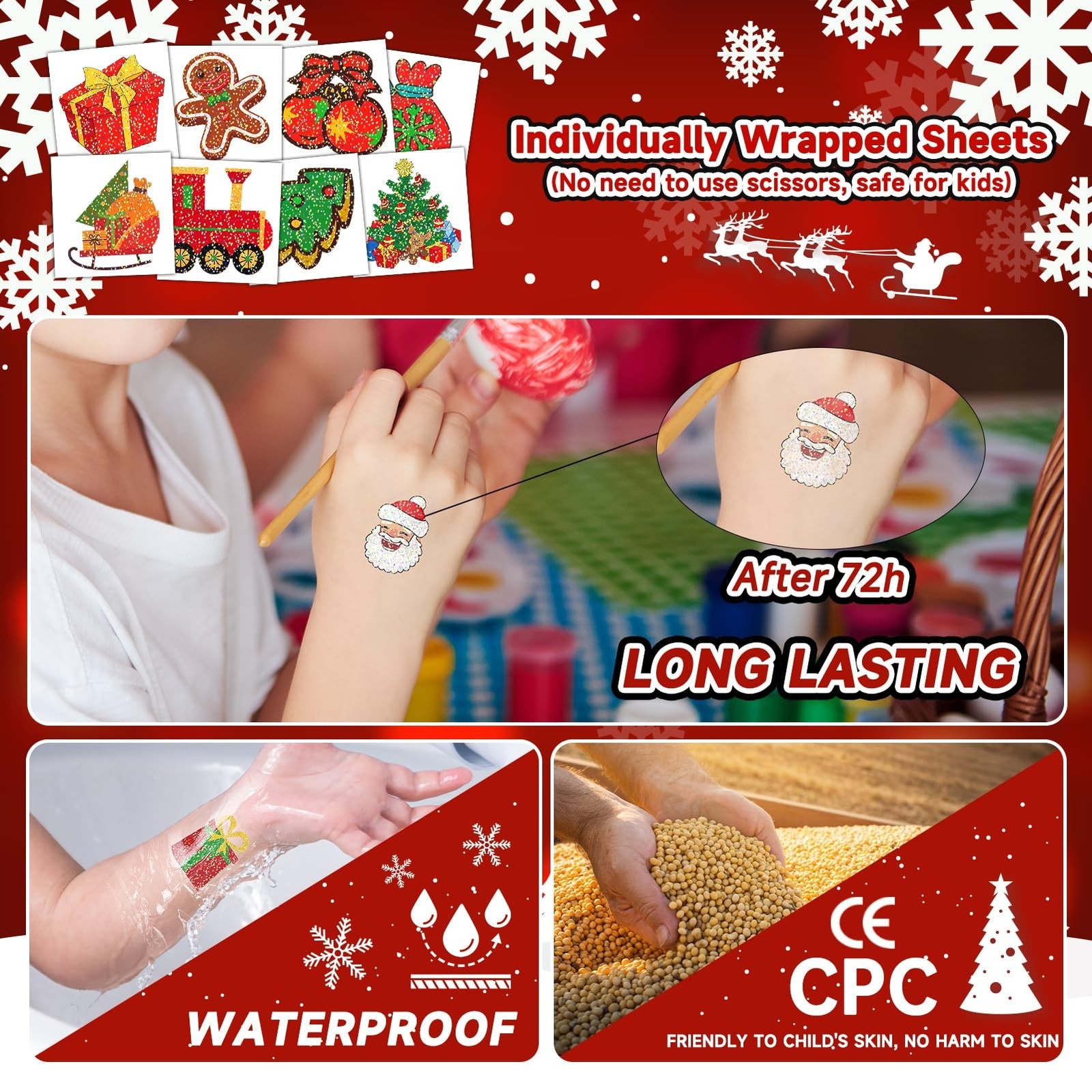 EMOME 408 PCS Christmas Temporary Tattoos, Xmas Glitter Tattoo Stickers for K…