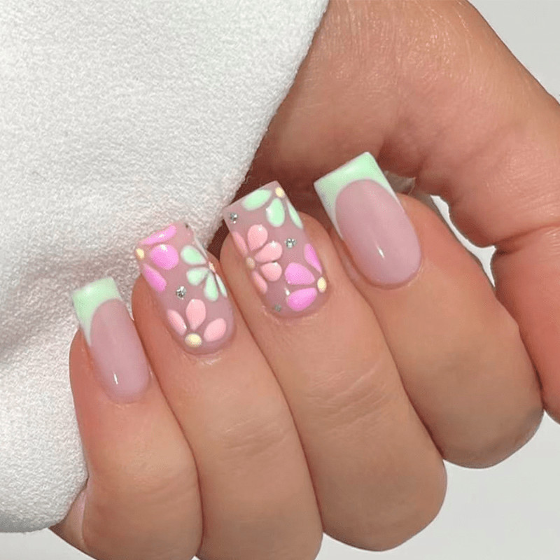 48pcs Short Square Press on Nails, Mint Green French Tip Pink Flower Nails