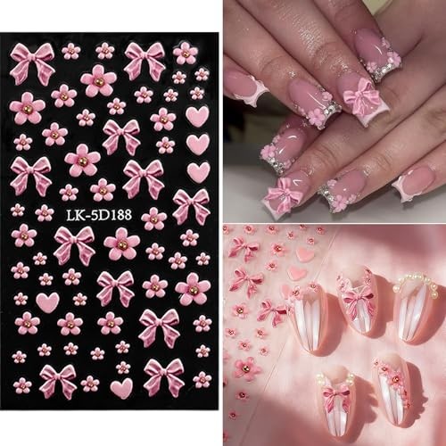 Bow Flower Nail Art Stickers 5D Embossed Nail Decals with Pearls Colorful-02