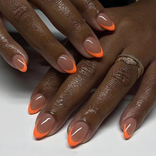 30Pcs Short Almond Press on Nails French Tip Fake Nails Orange Acrylic A10