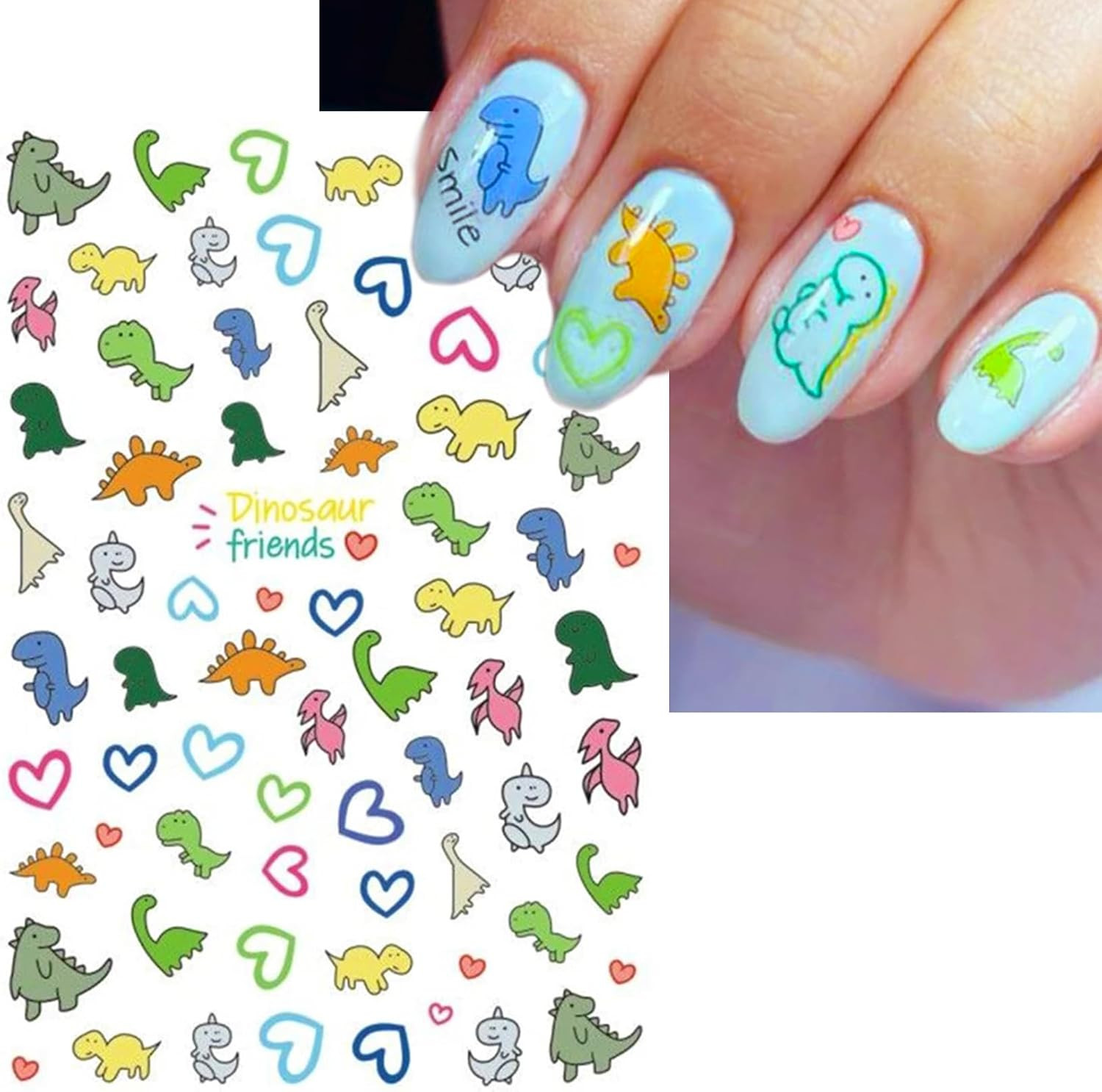 Dinosaur Nail Art Stickers for Kids- Cute Cartoon Designs, 3D Self-Adhesive Hear