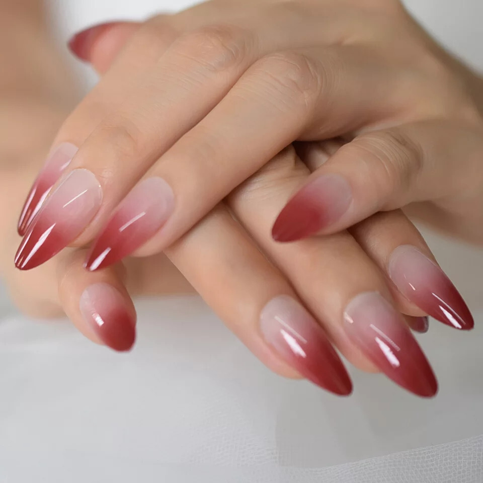 24 Press on nails kit w glue Red ombre almond nude french maroon