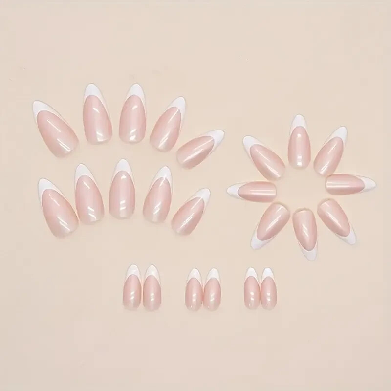 24pcs/set White French Tip Press On Nails Medium Almond Aurora Fake Nails Simple