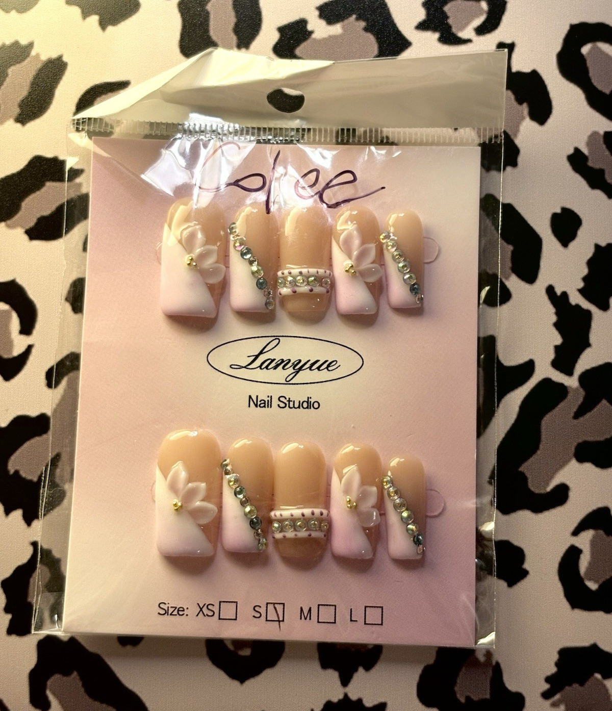 Lanyue Nail Studio Press-On Nails Pink Beige 3D Flower Rhinestone XS Square