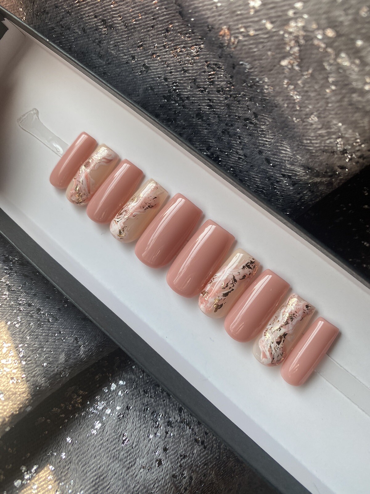 🔥 CUSTOM Gel Press On Nails, Pink nude marble, 10p set FULL SET WITH KIT NEW
